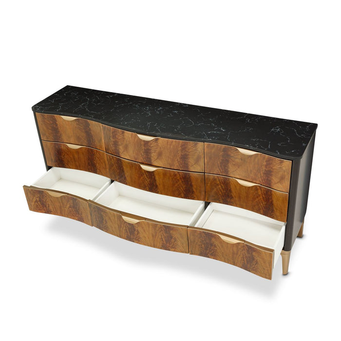 AICO Malibu Crest 9 Drawer Dresser in Crotch Mahogany
